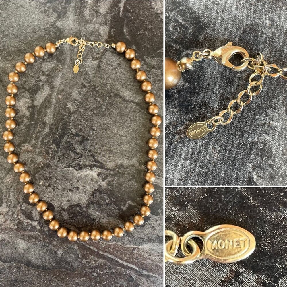 Monet Bronze Colored Faux Pearl Bead Necklace 16 to 18" w/ 8mm Beads Extender - Picture 4 of 9